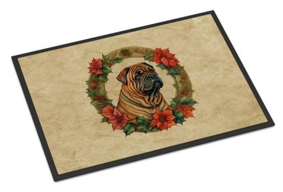 Shar Pei Christmas Flowers Doormat Front Door Mat Indoor Outdoor Rugs for Entryway, Non Slip Washable Low Pile, 24H X 36W