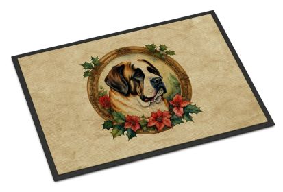 Saint Bernard Christmas Flowers Doormat Front Door Mat Indoor Outdoor Rugs for Entryway, Non Slip Washable Low Pile, 24H X 36W