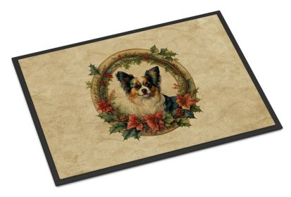 Papillon Christmas Flowers Doormat Front Door Mat Indoor Outdoor Rugs for Entryway, Non Slip Washable Low Pile, 24H X 36W